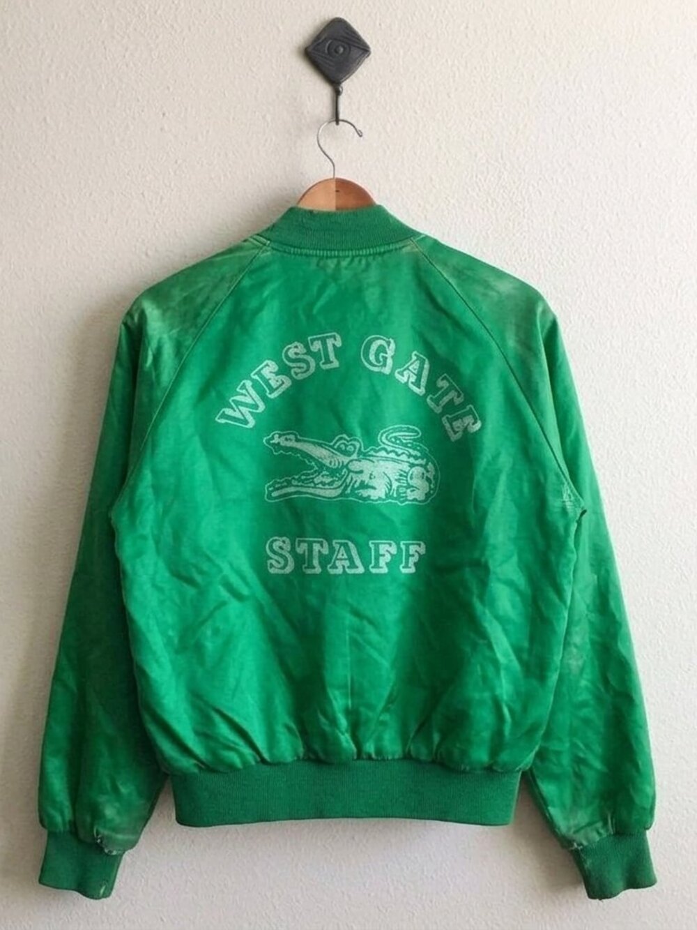 Vintage Nasco West Gate Staff Green Satin Bomber Jacket Alligator